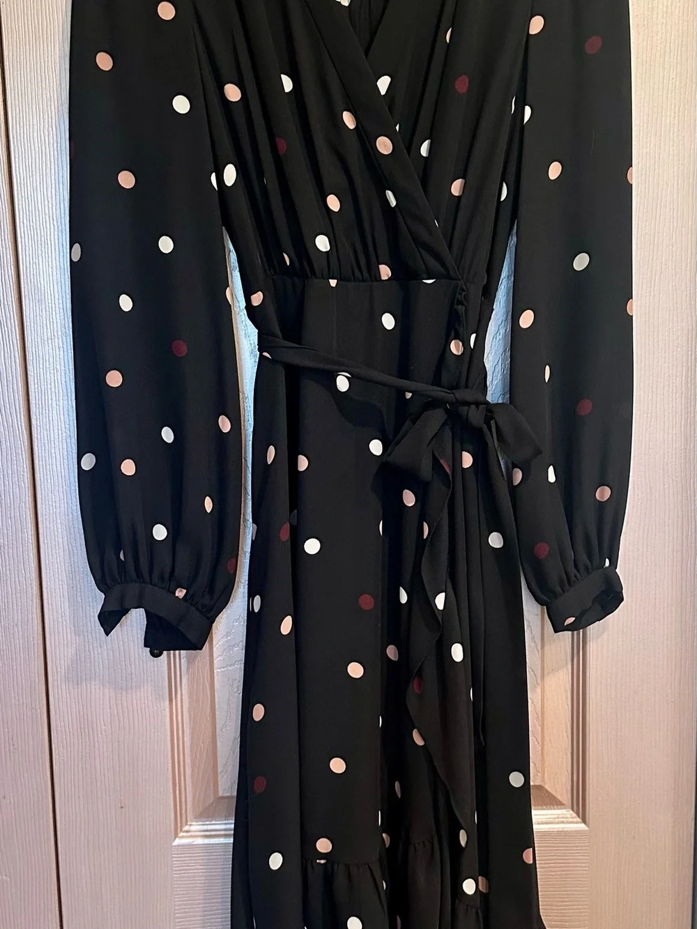 kate spade Black Polka Dot Wrap Midi Dress with Pink & White Dots